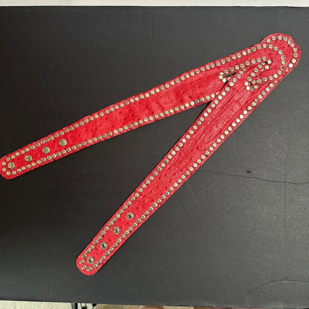 Vintage Genuine Ostrich Leather Belt L Red Silver Studded Cummerbund Adjustable